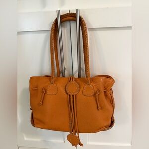 Fatto a Mano By Carlos Falchi In Apricot Pebbled Leather Stitch Shoulder Handbag